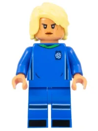 LEGO Soccer Player, Female, Blue Uniform, Nougat Skin, Bright Light Yellow Hair minifigure