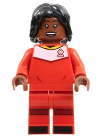 LEGO Soccer Player, Female, Red Uniform, Reddish Brown Skin, Black Hair minifigure
