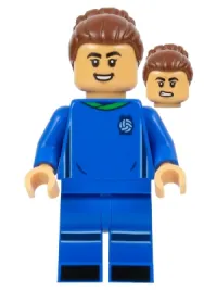 LEGO Soccer Player, Female, Blue Uniform, Medium Tan Skin, Reddish Brown Bun minifigure
