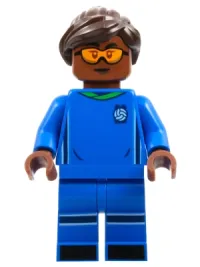 LEGO Soccer Player, Female, Blue Uniform, Reddish Brown Skin, Dark Brown Hair, Orange Goggles minifigure
