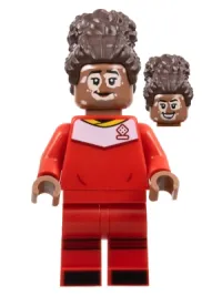 LEGO Soccer Player, Female, Red Uniform, Medium Brown Skin, Dark Brown Updo, Vitiligo minifigure