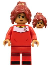LEGO Soccer Player, Female, Red Uniform, Medium Nougat Skin, Dark Red Ponytail minifigure