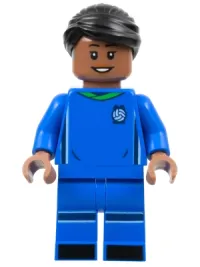 LEGO Soccer Player, Female, Blue Uniform, Medium Brown Skin, Black Hair, Hearing Aid minifigure