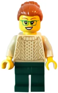 LEGO Camper - Female, Dark Orange Hair, Glasses, Tan Sweater, Dark Green Legs minifigure