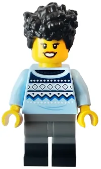 LEGO Camper - Female, Black Hair, Bright Light Blue Sweater, Dark Bluish Gray Legs with Black Boots minifigure
