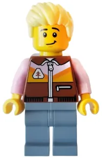 LEGO Camper - Male, Bright Light Yellow Hair, Reddish Brown Jacket, Sand Blue Legs minifigure