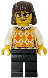 LEGO Woman - Tan Knit Argyle Sweater Vest, Black Legs, Dark Brown Hair, Glasses minifigure