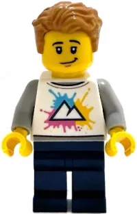 LEGO Tourist - White Shirt with Mountains Logo, Dark Blue Legs, Medium Nougat Tousled Hair minifigure