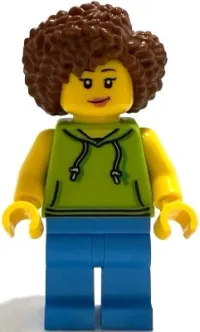 LEGO Scooter Driver - Female, Lime Hoodie, Dark Azure Legs, Reddish Brown Coiled Hair minifigure