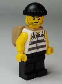 LEGO Police - Jail Prisoner Shirt with Prison Stripes and Torn out Sleeves, Black Legs, Black Knit Cap, Open Backpack minifigure