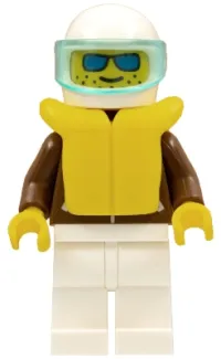 LEGO Jacket Brown - White Legs, White Helmet, Trans-Light Blue Visor, Blue Sunglasses, Life Jacket minifigure