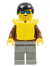 LEGO Jacket Brown - Light Gray Legs, Black Male Hair, Life Jacket minifigure