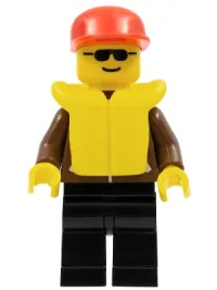 LEGO Jacket Brown - Black Legs, Red Cap, Black Sunglasses, Life Jacket minifigure