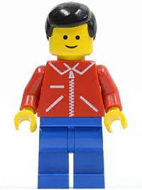 LEGO Jacket Red with Zipper - Red Arms - Blue Legs, Black Male Hair minifigure