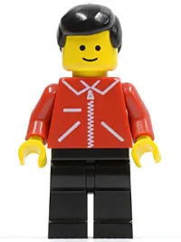 LEGO Jacket Red with Zipper - Red Arms - Black Legs, Black Male Hair minifigure