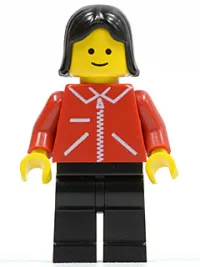 LEGO Jacket Red with Zipper - Red Arms - Black Legs, Black Female Hair minifigure
