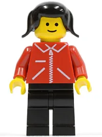 LEGO Jacket Red with Zipper - Red Arms - Black Legs, Black Pigtails Hair minifigure