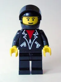 LEGO Leather Jacket with Zippers - Black Legs, Black Helmet, Black Visor, Male minifigure