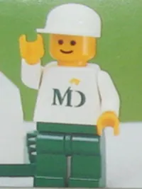 LEGO MD Foods - White Torso (Sticker on both sides), Green Legs, White Cap minifigure