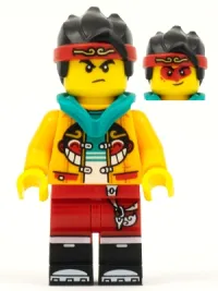 LEGO Monkie Kid - Bright Light Orange Open Jacket with Monkey Head Logo, Dark Turquoise Hood, Angry / Smile with Red Face Paint minifigure