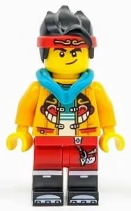 LEGO Monkie Kid - Bright Light Orange Open Jacket with Monkey Head Logo, Dark Turquoise Hood, Smirk / Angry minifigure
