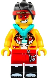 LEGO Monkie Kid - Bright Light Orange Open Jacket with Monkey Head Logo, Dark Turquoise Hood, Neutral / Angry with Red Face Paint minifigure