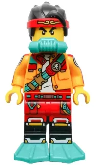 LEGO Monkie Kid - Bright Light Orange Open Jacket with Shoulder Strap, Dark Turquoise Scuba Breathing Regulator and Flippers minifigure