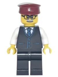 LEGO Train Driver - Male, Black Vest with Blue Striped Tie, Black Legs, Dark Red Hat, Glasses and Moustache minifigure