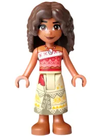 LEGO Moana (Sienna) - Mini Doll, Coral and White Strapless Top, Tan Long Skirt with Dark Tan Hems, Dark Brown Hair Long Full Curly minifigure
