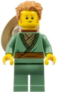 LEGO Fisherman - Sand Green Tunic, Medium Nougat Hair, Conical Hat on Back minifigure