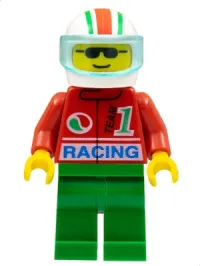 LEGO Octan - Racing, Green Legs, White Red/Green Striped Helmet, Trans-Light Blue Visor minifigure