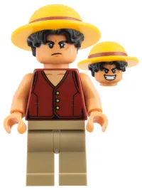 LEGO Monkey D. Luffy - Hair Combo, Straw Hat with Black Hair, Dark Tan Legs minifigure