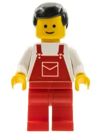 LEGO Overalls Red with Pocket, Red Legs, Black Male Hair minifigure