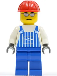 LEGO Overalls Striped Blue with Pocket, Blue Legs, Red Construction Helmet, Silver Glasses and Eyebrows minifigure