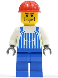 LEGO Overalls Striped Blue with Pocket, Blue Legs, Red Construction Helmet, Cheek Lines, Dark Bluish Gray Hands minifigure
