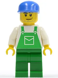 LEGO Overalls Green with Pocket, Green Legs, Blue Cap with Long Flat Bill, Smirk and Stubble Beard minifigure