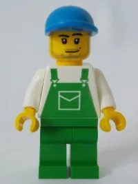 LEGO Overalls Green with Pocket, Green Legs, Blue Cap with Short Curved Bill, Smirk and Stubble Beard minifigure