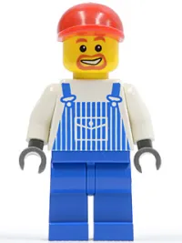 LEGO Overalls Striped Blue with Pocket, Blue Legs, Red Short Bill Cap, Beard Around Mouth minifigure