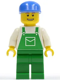 LEGO Overalls Green with Pocket, Green Legs, Blue Cap, Thin Grin with Teeth minifigure