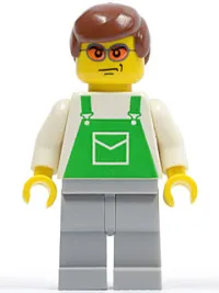 LEGO Overalls Green with Pocket, Light Bluish Gray Legs, Orange Sunglasses, Reddish Brown Hair minifigure