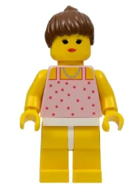 LEGO Red Dots on Pink Shirt - Yellow Legs, Brown Ponytail Hair, Closed Mouth minifigure