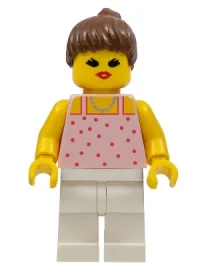 LEGO Red Dots on Pink Shirt - White Legs, Brown Ponytail Hair minifigure