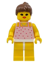 LEGO Red Dots on Pink Shirt - Yellow Legs, Brown Ponytail Hair, Open Mouth minifigure