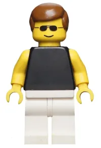 LEGO Plain Black Torso with Yellow Arms, White Legs, Sunglasses, Brown Male Hair minifigure