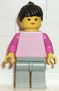 LEGO Plain Pink Torso with Dark Pink Arms, Light Gray Legs, Black Ponytail Hair minifigure
