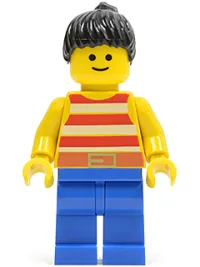 LEGO Red / White Stripes Shirt, Blue Legs, Black Ponytail Hair minifigure