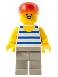 LEGO Horizontal Blue and Light Green Stripes, Light Gray Legs, Red Cap minifigure