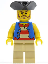 LEGO Pirate Blue Vest, Tan Legs, Black Pirate Triangle Hat, Long Brown Moustache minifigure
