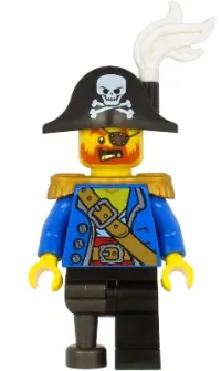 LEGO Pirate Captain - Bicorne Hat with Skull and White Plume, Pearl Gold Epaulettes, Blue Open Jacket, Black Leg and Pearl Dark Gray Peg Leg minifigure