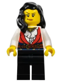 LEGO Pirate - Female, Black Legs, Red Vest over White Shirt, Black Hair minifigure